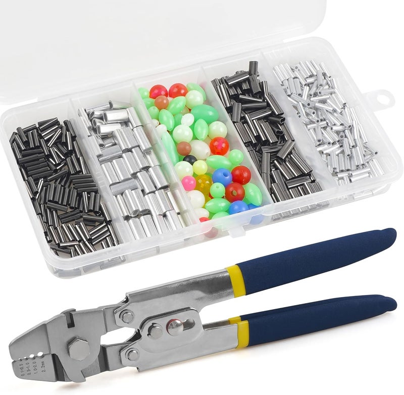 JOGFFDE Fishing Crimping Tool Fishing Wire Line Crimping Rigging Kit Fishing Pliers Wire Rope Leader Crimp Tool with 500pcs Fishing Crimp Sleeves Beads Set Wire Rope Crimping Tool(Blue) - Image 1